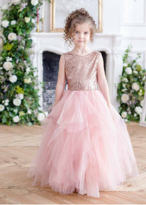 Rose Gold Sequin Pink Tulle Ruffled Flower Girl Dress